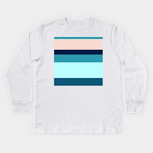 A delightful combination of Oxford Blue, Deep Sea Blue, Sea, Pale Cyan and Pale Pink stripes. Kids Long Sleeve T-Shirt